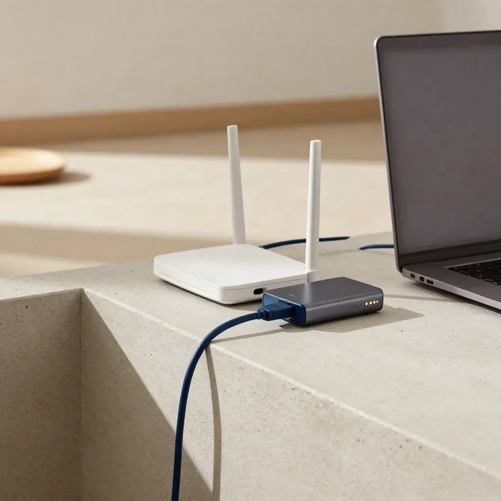 Router, charger, drive and closed laptop neatly arranged on pale concrete in warm window light.