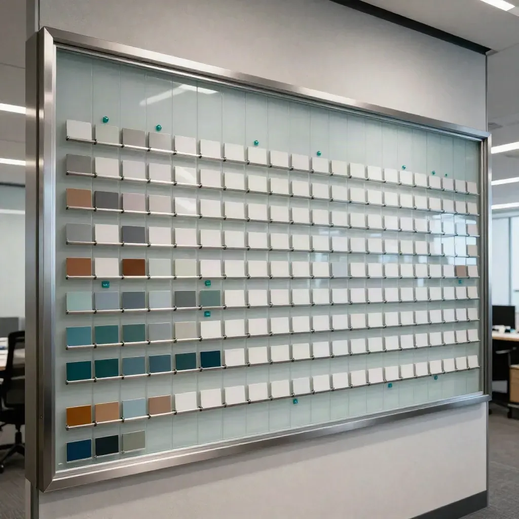 Glass office project board with teal tiles and clean lanes, lit moody and cinematic.