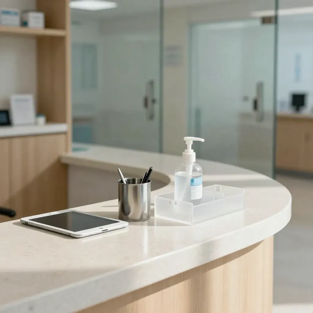 Clinic intake counter with tablet, trays, disinfectant bottle, and calm organized check-in path.