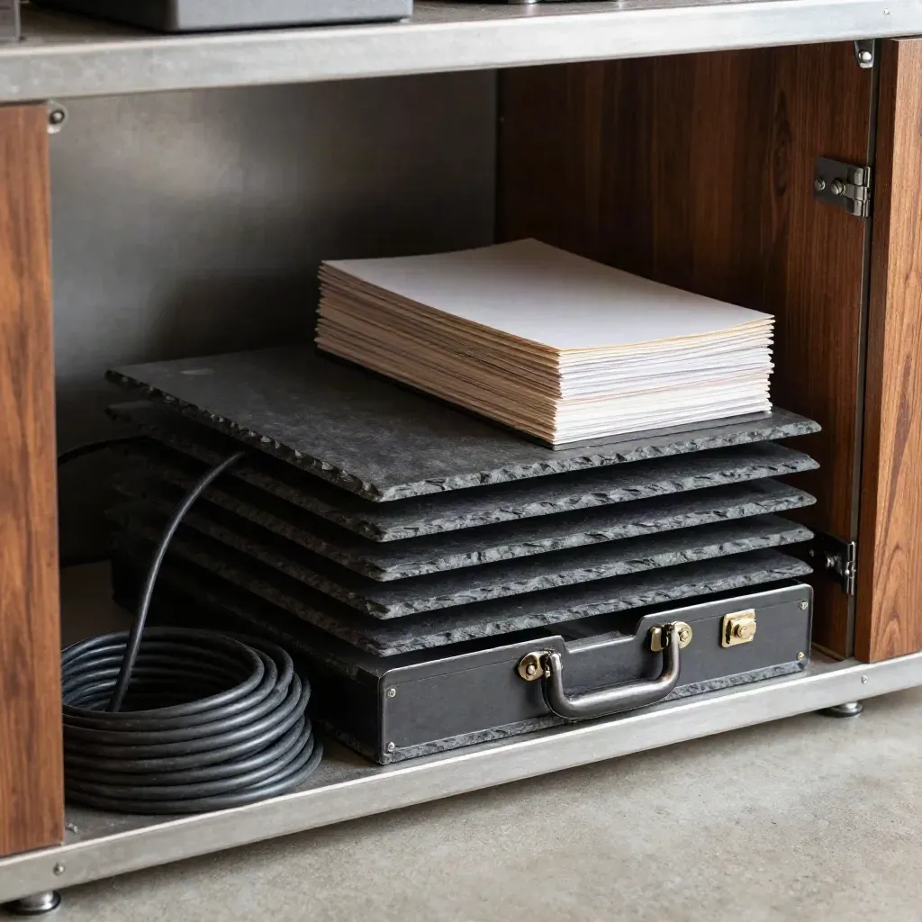Interlocking file trays, cables, and a lockable case in a dim operations alcove