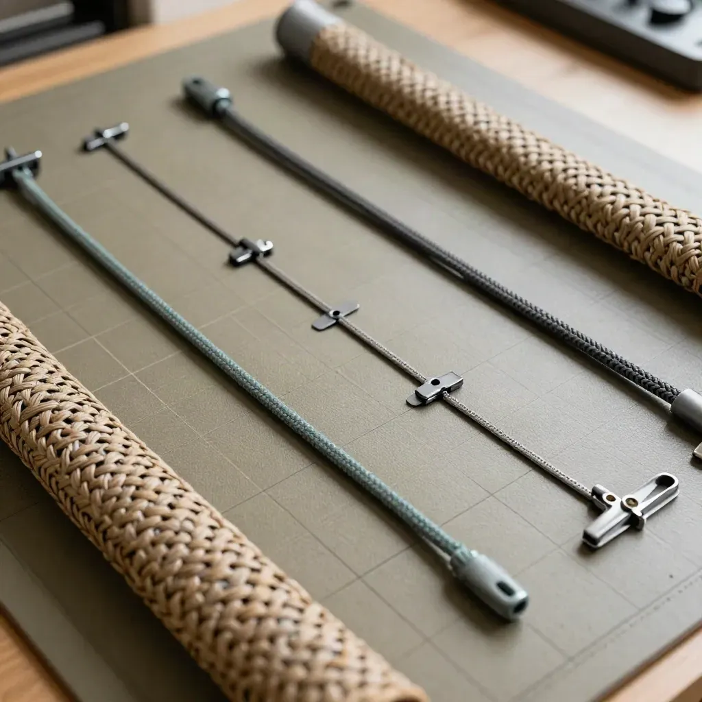 Extreme close-up of cable sleeves, routing clips and patch cords on a matte grid mat.