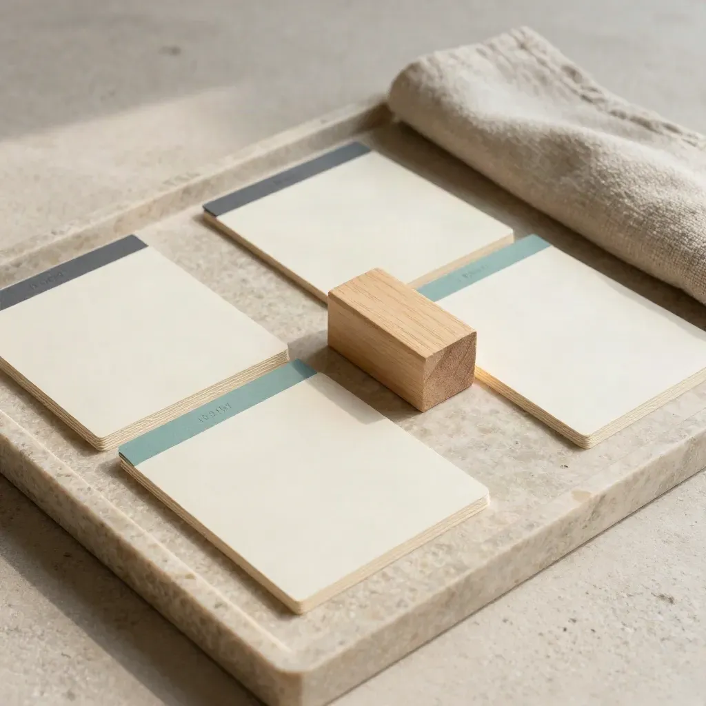 Overhead tray layout of cards, wooden blocks, and clips in a precise planning grid