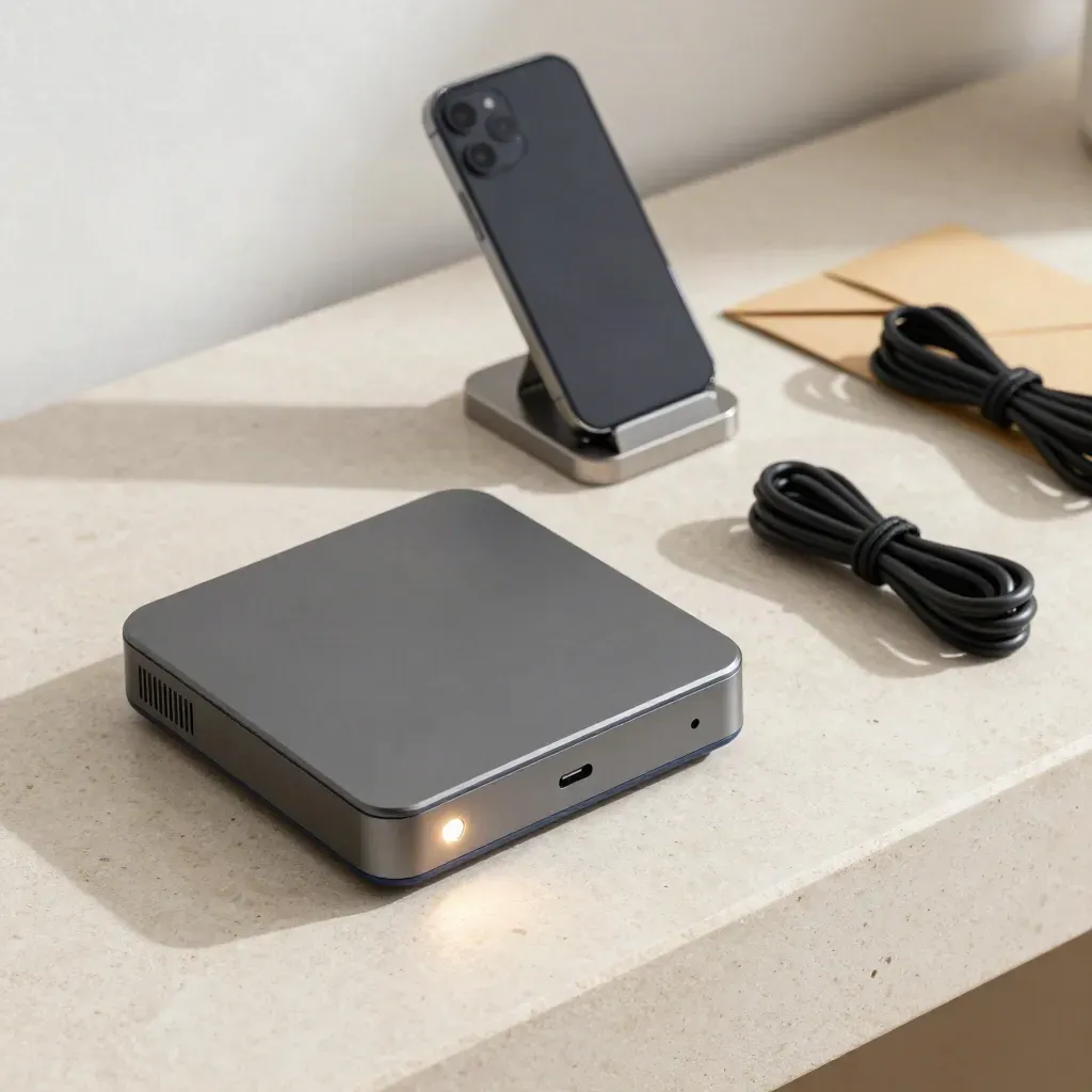 Router, dock, envelope and coiled cable with a glowing status node on pale stone.