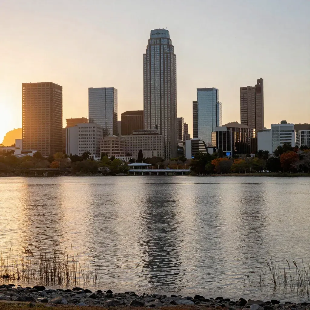 Austin skyline at sunset over Lady Bird Lake, warm haze and calm water