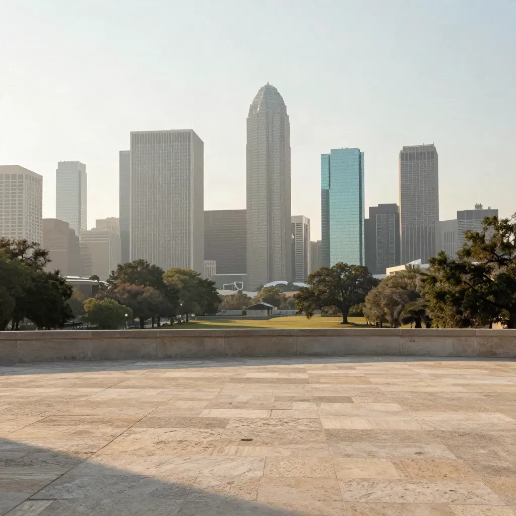 Dallas skyline above a calm limestone overlook in hazy late afternoon