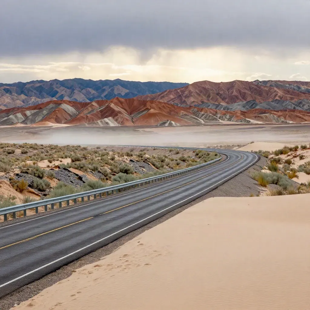 Empty high-desert highway under storm-cleared dawn light, with mesas and mist fading into haze.