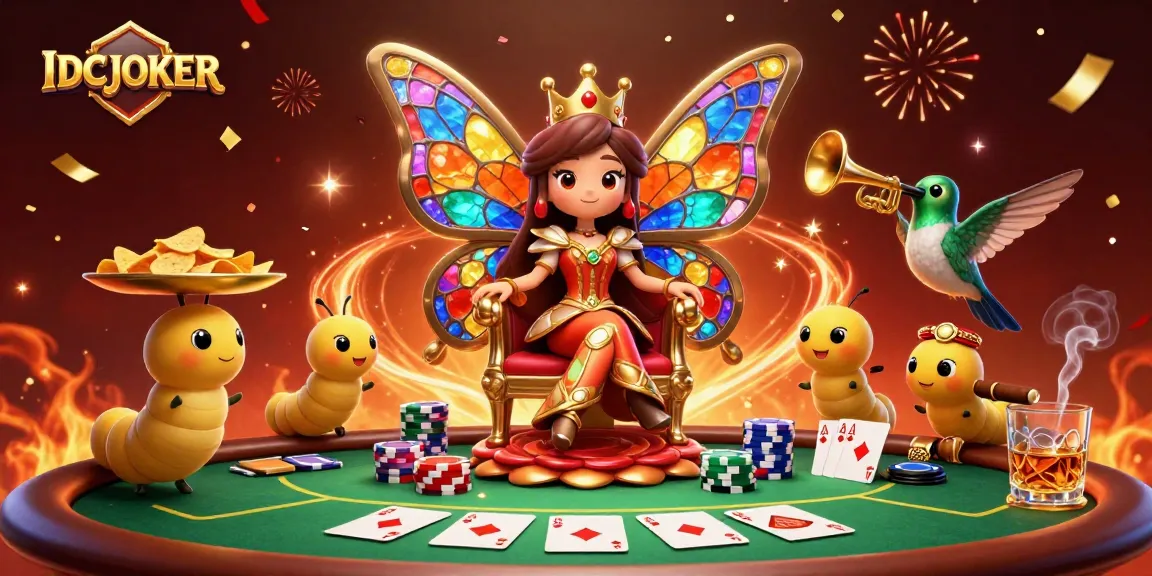 Experience IDCJOKER's vibrant casino action with a butterfly queen and winning poker elements.