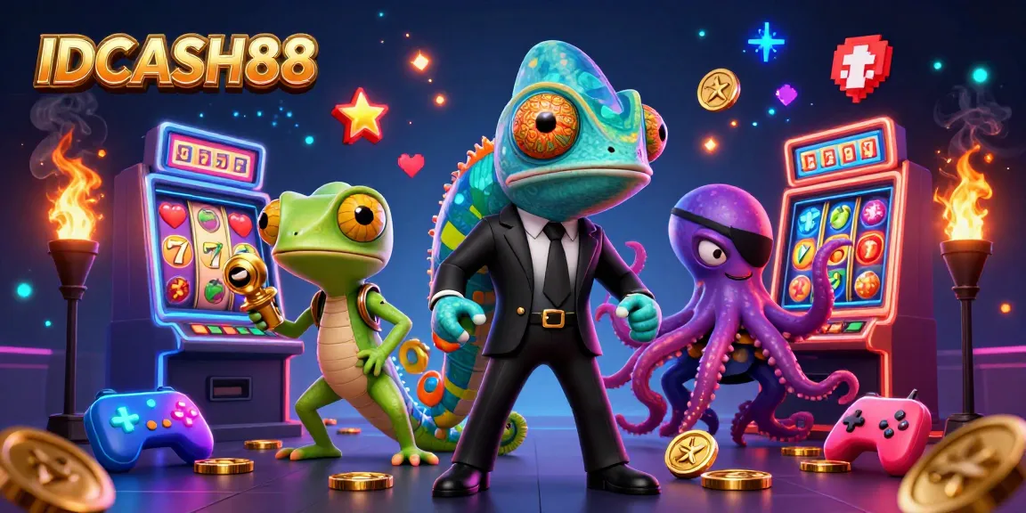 Experience the thrilling world of IDCASH88 with vibrant slot machines and dynamic characters in this colorful 3D illustration.
