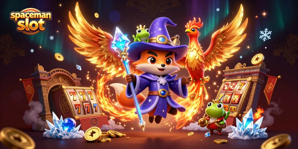 Engage with the spaceman slot through enchanting visuals of a wizard fox and fiery phoenix in a vibrant 3D scene.