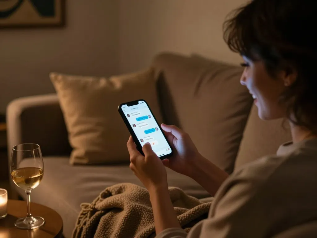 Engaging NSFW AI chat scene with a person enjoying a cozy conversation on their smartphone in a dimly lit room.
