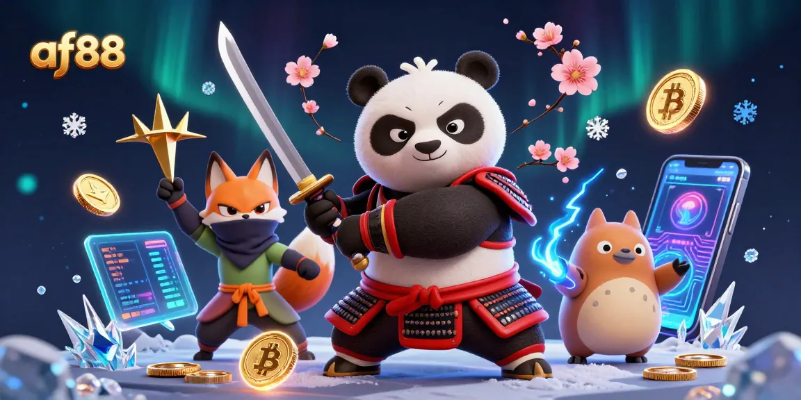 Engage with exciting af88 games featuring samurai panda, ninja fox, and magical tanuki amidst vibrant casino elements.