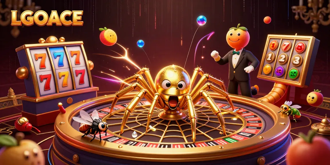 LGOACE showcases a vibrant 3D scene with a golden spider spinning a roulette web, immersing players in thrilling slot experiences.