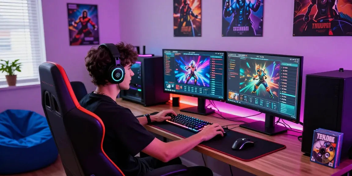 Gamer focused on rokok88 competition on multiple monitors with vibrant gaming setup.