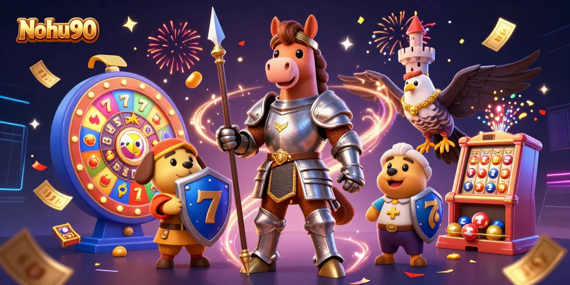 Nohu90 presents an exciting illustration of a knight and his squire amidst vibrant slot symbols and dynamic gaming elements.