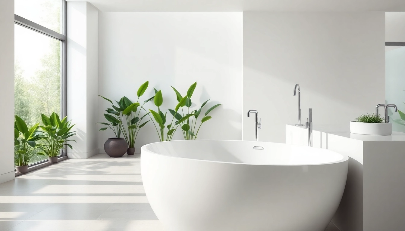 Vasca da bagno moderna in un elegante bagno luminoso, circondata da piante verdi.