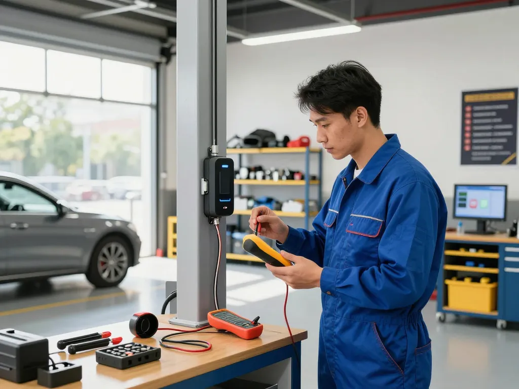 Teknisi memeriksa pembuka pintu garasi hotplay93 di garasi otomotif modern.