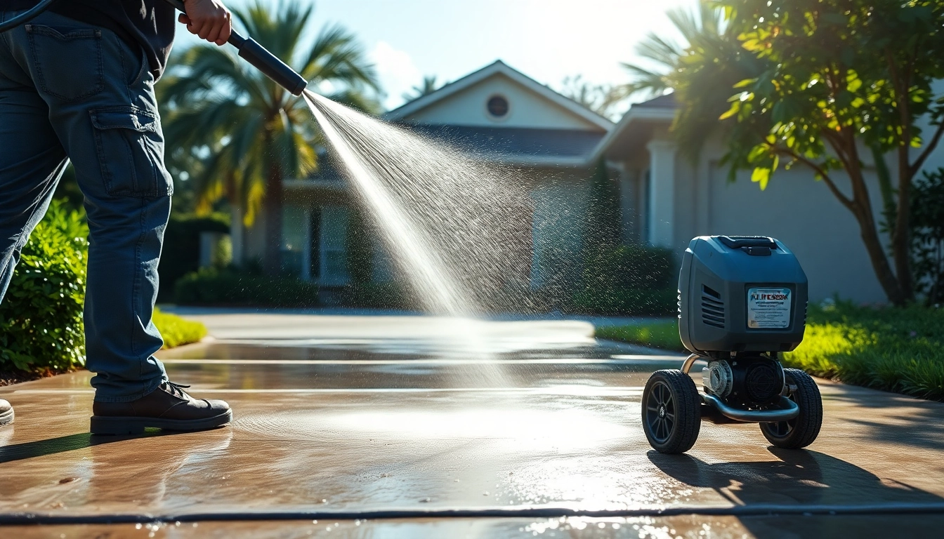 Pressure wash technician cleaning a driveway in Kissimmee, FL, showcasing effective exterior cleaning.