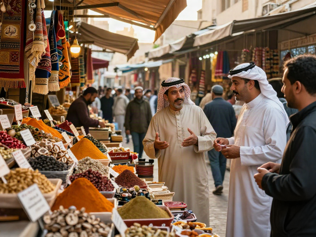 سوق نابض بالحياة في الشرق الأوسط حيث يتفاعل القھوجي مع الزبائن ويعرض المنتجات