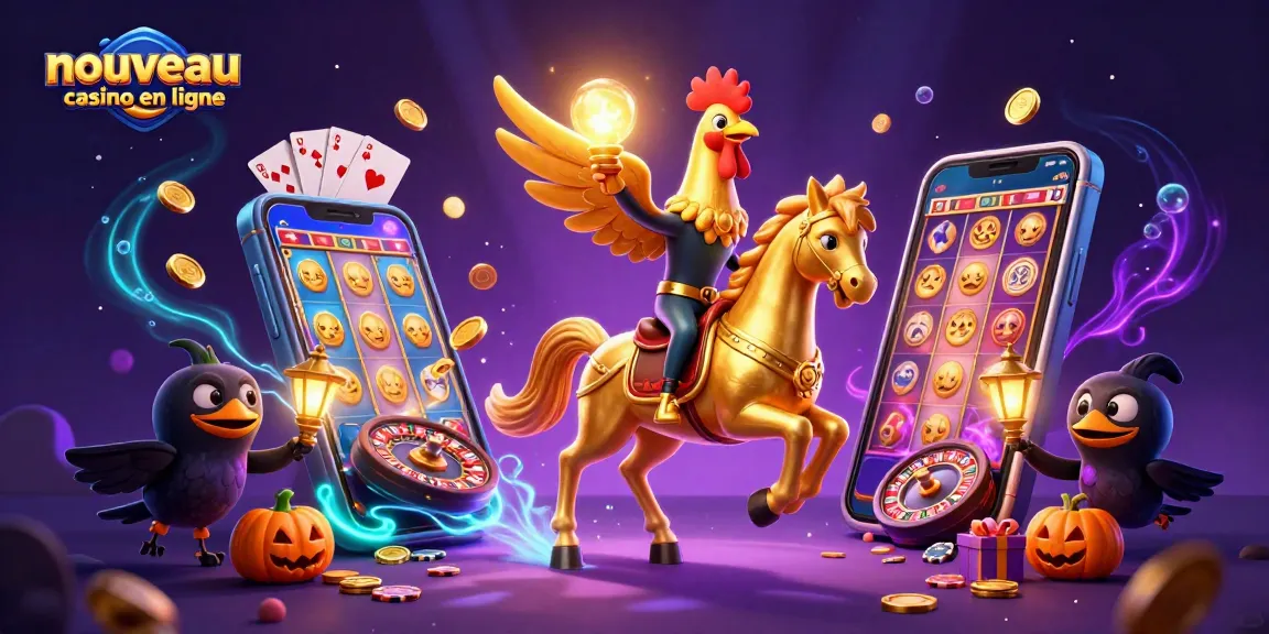 Découvrez un nouveau casino en ligne avec une illustration dynamique réunissant un coq doré et des éléments de jeu captivants.