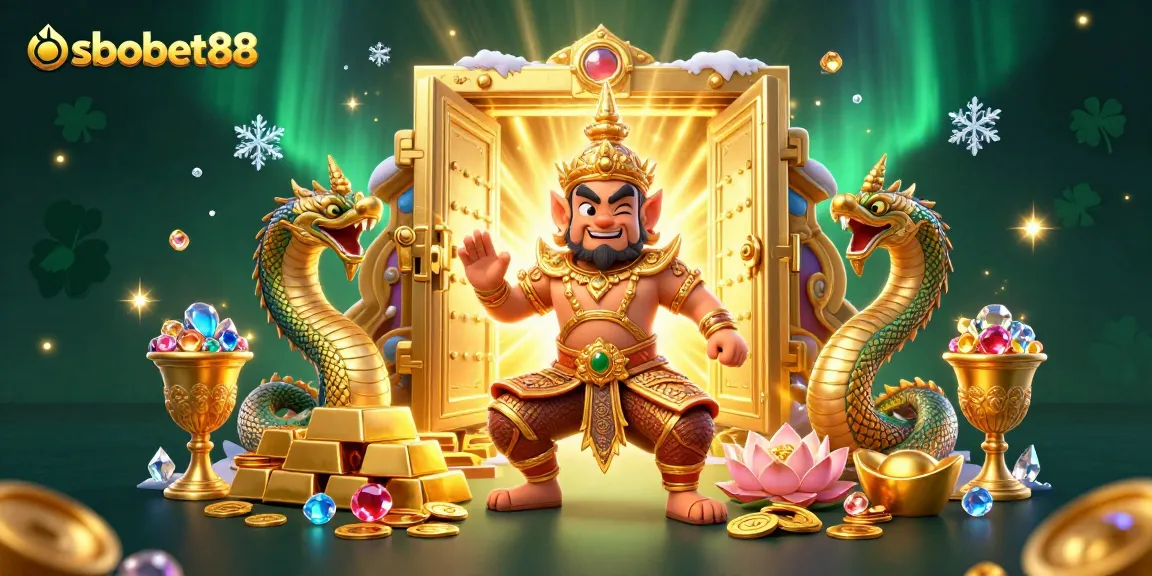 Sbobet88 engages players with vibrant Thai guardian and treasure in a captivating casino illustration.