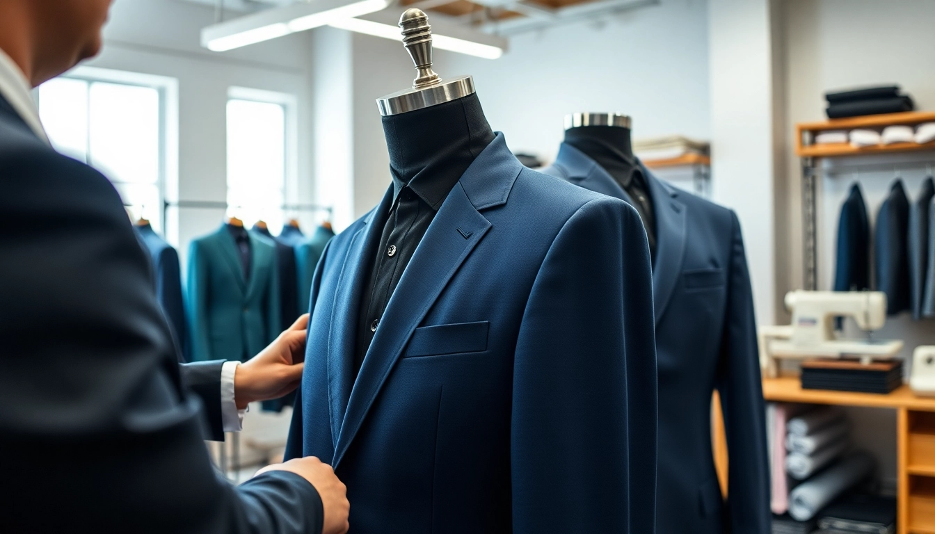 Custom Clothing Manufacturer tailoring stylish blazers in a bright, contemporary studio.