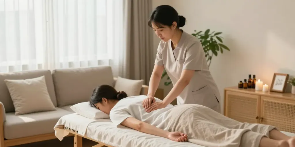 Experience soothing 성북구출장마사지 at home with a calming massage setting, soft lighting, and essential oils.
