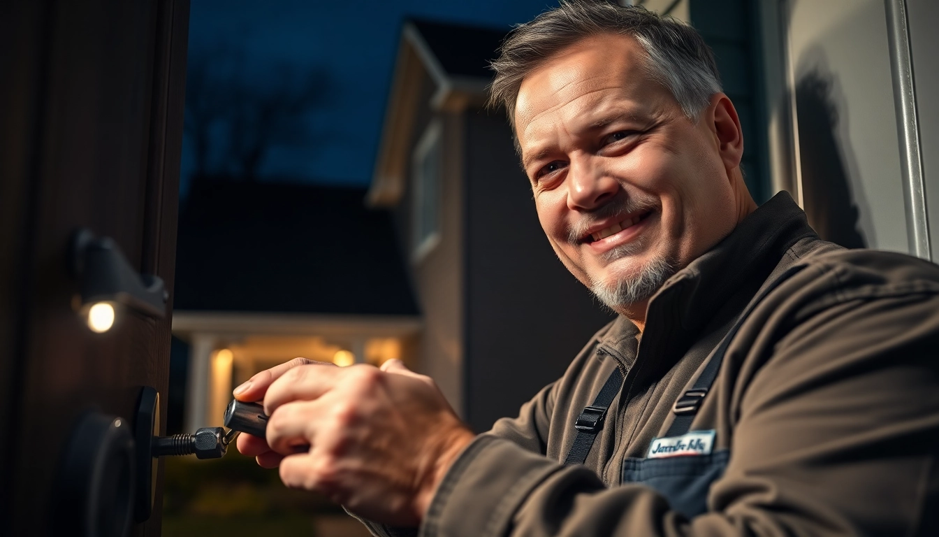 Emergency locksmiths in St. Louis, MO, helping a homeowner unlock their door at night.