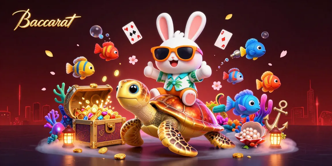 Experience Baccarat thrills with a lucky rabbit and sea turtle amid casino elements.