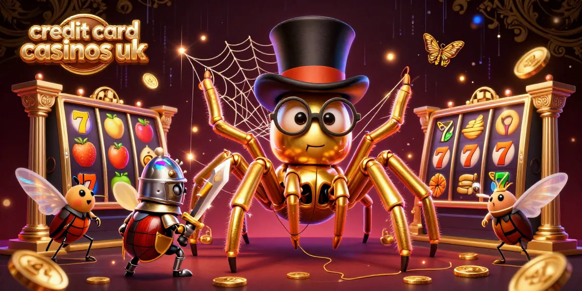 Engaging scene showcasing credit card casinos uk with a golden tarantula and a brave beetle knight surrounded by vibrant slot elements.