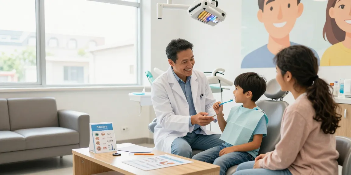 Best dentist in Mooresville warmly engaging with a family in a modern dental office.