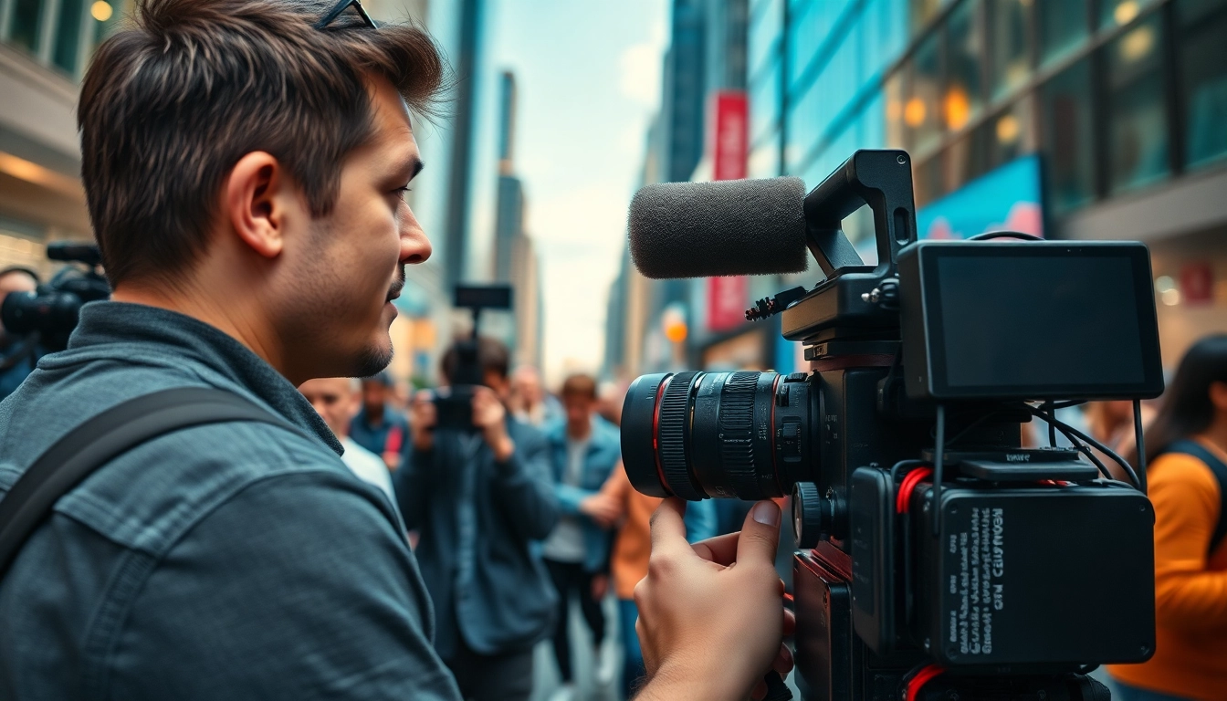 Videographer capturing dynamic event footage in a vibrant urban setting, showcasing professionalism.