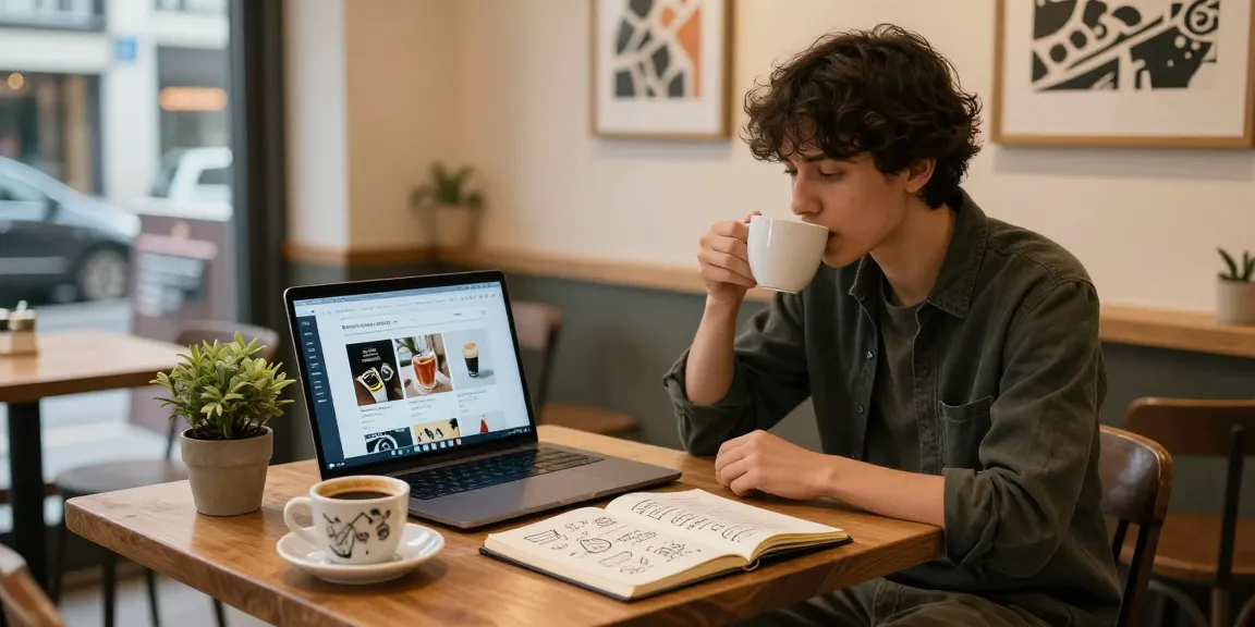 Cozy urban café scene with a person browsing online shop at https://forumup.org/shop/search.php?ca_id=&addr1=&addr2=&addr3=&schKeyword= showcasing a relaxed shopping atmosphere.