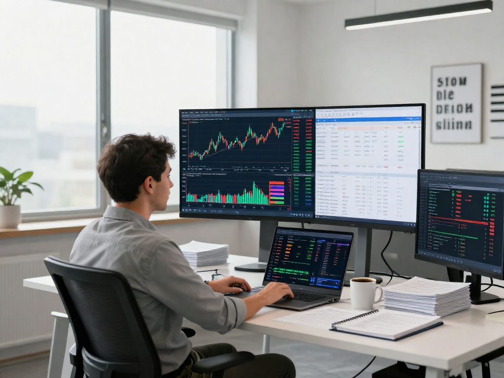 使用MetaTrader 5平台的交易者在现代办公空间中分析市场数据，展示高效的金融交易环境。