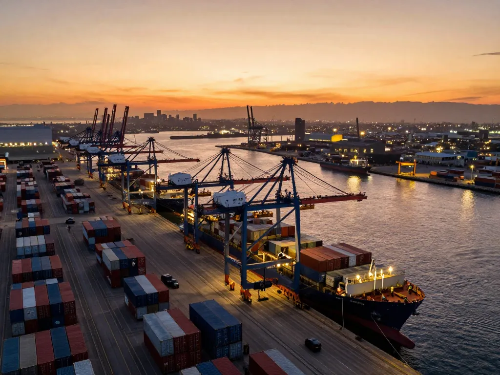Exciting scene of the US port at sunset with cargo ships and cranes in action.