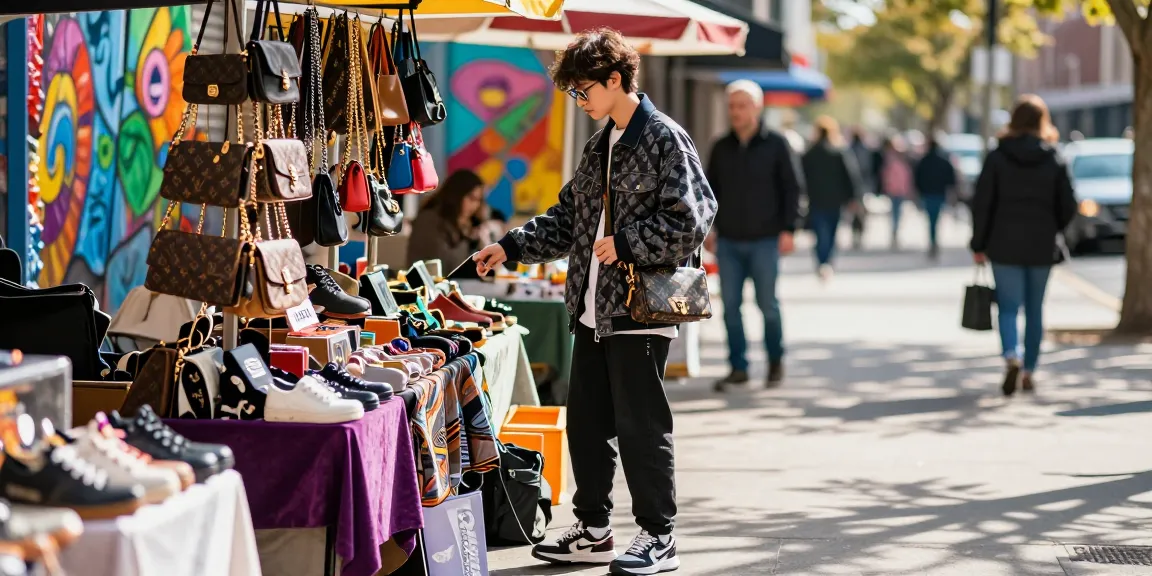 Stylish young adult exploring luxury replica accessories at a vibrant street market, highlighting the 레플리카 쇼핑몰 experience.
