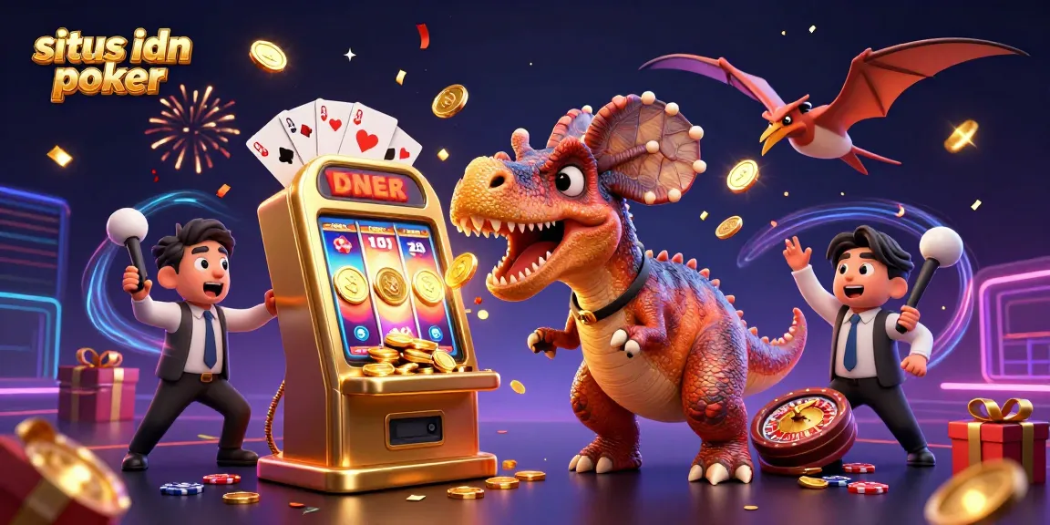 Situs idn poker scene depicting cartoon dinosaurs in a casino, headbutting slot machines and catching coins