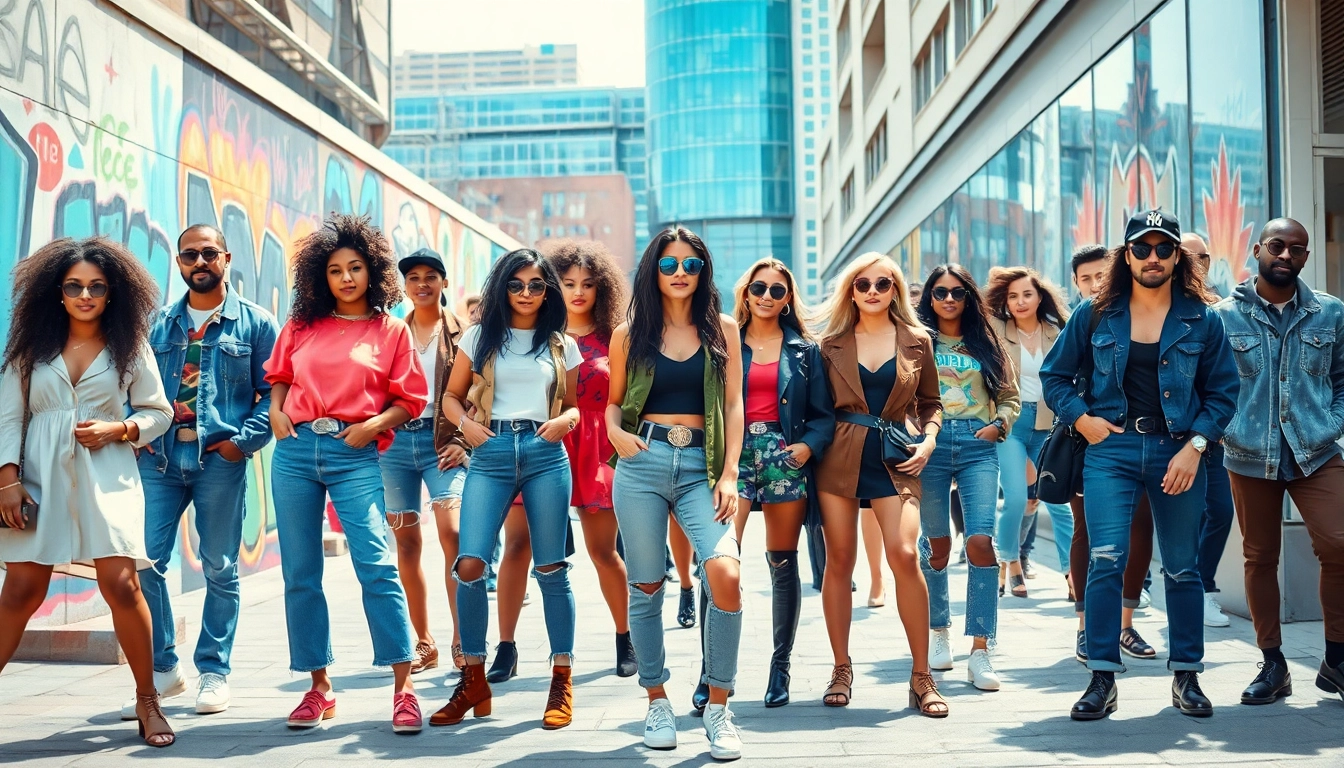 Showcase of diverse Fashion styles in an urban setting with vibrant colors.