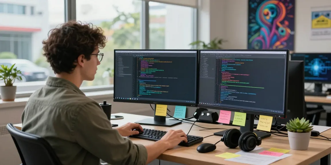 Engaging workspace showing a programmer working on ai nsfw content generation with multiple screens and creative elements.
