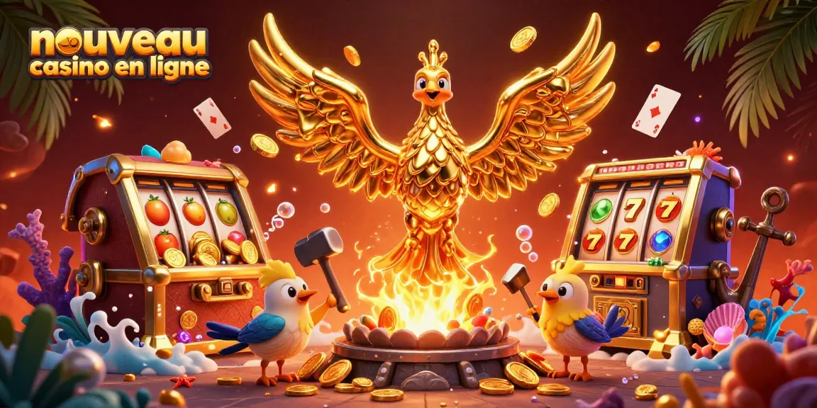 Illustration dynamique d'un nouveau casino en ligne, mettant en scène un phoenix doré avec des assistants et des éléments de machines à sous.