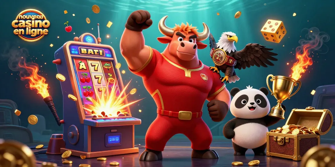Découvrez le nouveau casino en ligne avec une illustration dynamique d'une mascotte de taureau, un aigle et un panda.