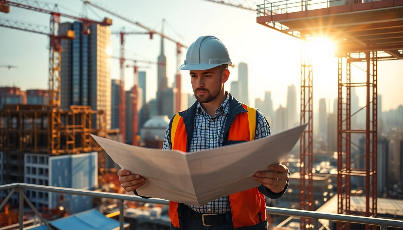 Manhattan Commercial General Contractor examining blueprints at a bustling construction site.