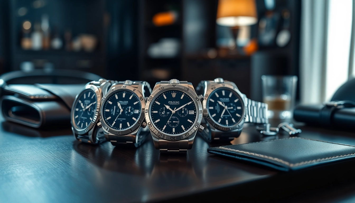 Admire exquisite super clone watches showcased with luxurious accessories on a refined wooden surface.