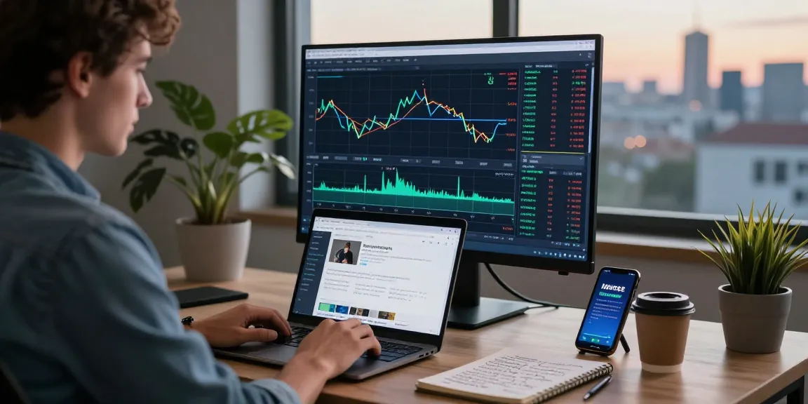 Forex trader analyzing MetaTrader 4 charts and market data in a modern workspace.