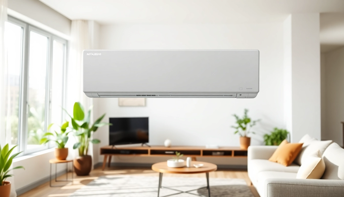 View of a mitsubishi mini split ac unit elegantly installed in a contemporary living room.