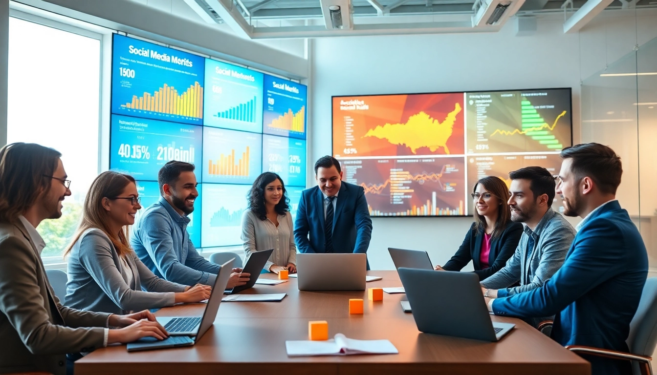 Social media agency team strategizing in a vibrant office environment displaying analytics.