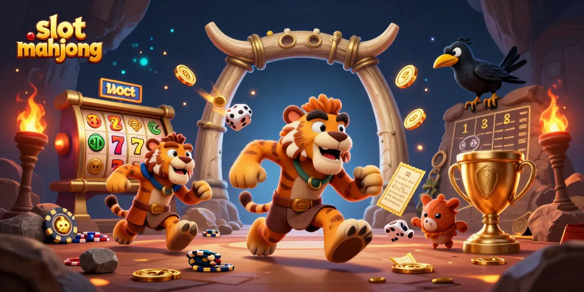 Experience slot mahjong in a thrilling prehistoric casino with vibrant characters and dynamic elements.