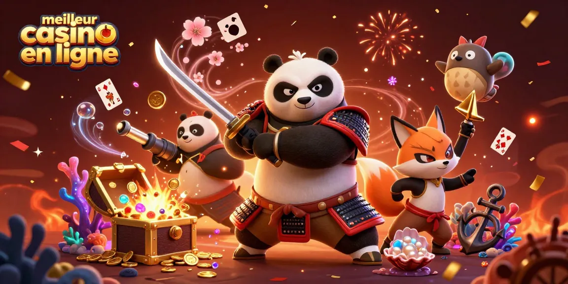 Illustration dynamique de "meilleur casino en ligne" montrant un panda samouraï et un renard ninja avec des éléments de jeu animés.