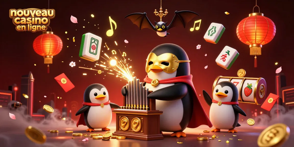 Illustration colorée illustrant un nouveau casino en ligne avec un pingouin masqué jouant de l'orgue, entouré de symboles de jeu irisés.