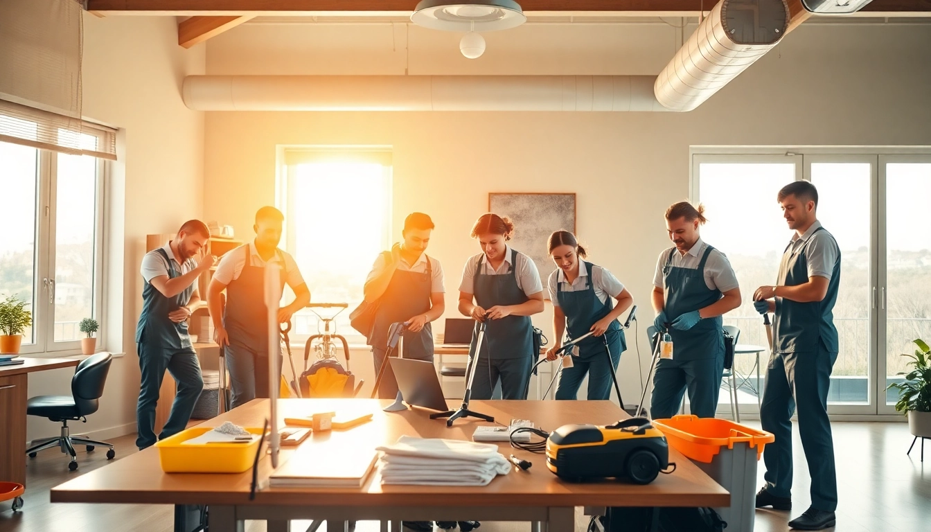 Engaged cleaning professionals providing cleaning services near me in a bright office space.