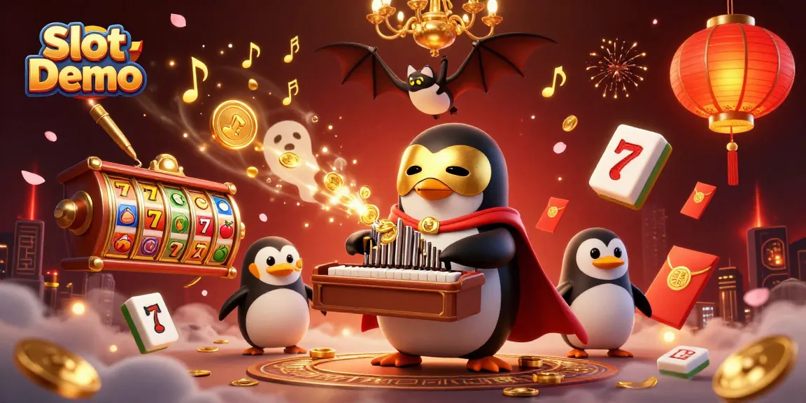 Experience the vibrant Slot Demo scene with a cartoon penguin playing a pipe organ amid golden coins and festive elements.